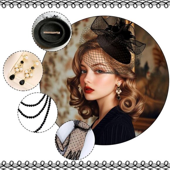 Black Tea Party Hats Set Women Vintage Fascinator Veil Feather Gloves Necklace main image 5
